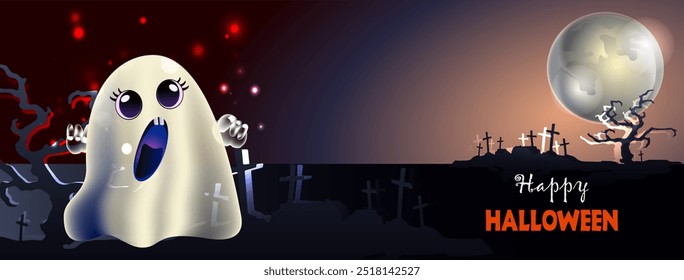 Cute ghost in the background of a spooky cemetery, Halloween card,banner