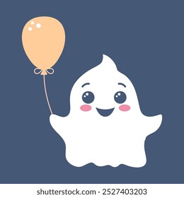 Cute ghost with balloon. Spooky funny Halloween character. Vector flat hand drawn illustration.
