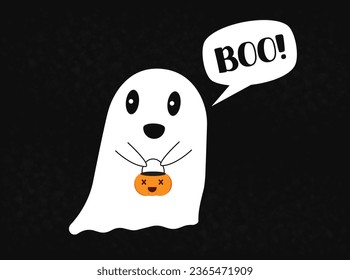 Cute Ghost banner with speech bubble. Happy Halloween. Vector illustration. Boo Ghost Christmas happy new year. Party Icon. Halloween Character with pumpkin bucket. Trick or Treat. Smiling BOO!