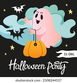 Cute Ghost with basket of sweets. Halloween holidays square template. Social media post for Party invitation. Trick or treat background. Halloween party lettering. Spooky elements. Vector illustration