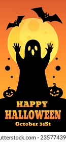 Cute ghost with bats and pumpkins silhouette illustration. Halloween poster.
