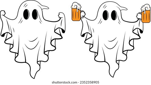 Cute ghost with beer, Halloween ghost vector isolated.