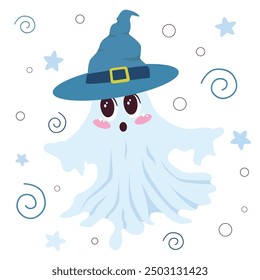 Cute ghost with big eyes kawaii and a witch hat, perfect for Halloween designs. Ideal for decorating invitations, creating Halloween-themed patterns, and adding a playful touch to seasonal projects.