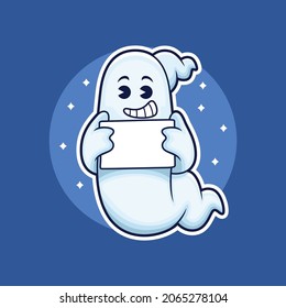 Cute ghost with blank sign cartoon