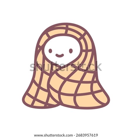 Cute ghost with blanket icon. Funny little spirit wrapped in a yellow plaid blanket, warm halloween style. Doodle illustration isolated on white background. Kawaii sticker. Vector 10 EPS.
