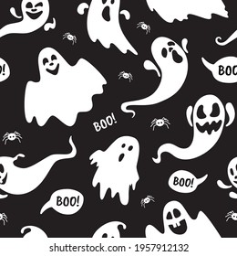 Cute ghost boo holiday character seamless pattern flat style design vector illustration set isolated on dark background. Halloween haunted boo spooky symbol flying above the ground.