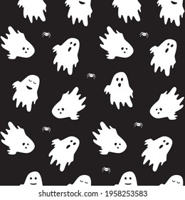 Cute ghost boo holiday character seamless pattern flat style design vector illustration set isolated on dark background. Halloween haunted boo spooky symbol flying above the ground.