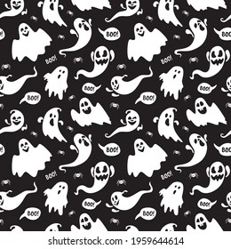 Cute ghost boo holiday character seamless pattern flat style design vector illustration set isolated on dark background. Halloween haunted boo spooky symbol flying above the ground.