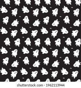 Cute ghost boo holiday character seamless pattern flat style design vector illustration set isolated on dark background. Halloween haunted boo spooky symbol flying above the ground.