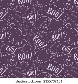 Cute ghost boo holiday character seamless pattern flat style design vector illustration set isolated on dark background. Halloween haunted boo spooky symbol flying above the ground.