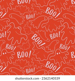 Cute ghost boo holiday character seamless pattern flat style design vector illustration set isolated on dark background. Halloween haunted boo spooky symbol flying above the ground.