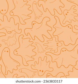 Cute ghost boo holiday character seamless pattern flat style design vector illustration set isolated on light background. Halloween haunted boo spooky symbol flying above the ground.