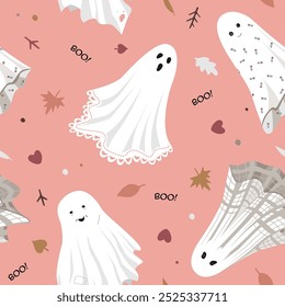 Fantasma bonito boo férias personagem sem emenda padrão. Ilustração vetor Halloween no fundo rosa velho