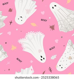 Cute ghost boo holiday character seamless pattern. Vector Halloween illustration on pink background