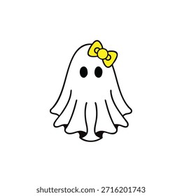 Um fantasma fofo com um arco em um estilo divertido e de desenho animado. Amigável e extravagante, perfeito para designs com tema de Halloween, gráficos para crianças, adesivos, cartões de felicitações, convites para festas e arte digital baseada em vetores.