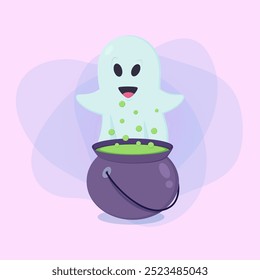 Cute ghost brewing potion in caldron on abstract background. Halloween banner design. Celebration, holiday, party concept. Vector illustration for invitation or poster