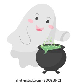 Cute ghost brews a potion for Halloween. Vector illustration.