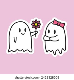 Cute Ghost Bring Flower Vector Design Illustration