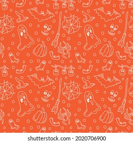 Cute ghost, broom, bats. Happy Halloween. Seamless vestor pattern hand drawn in doodle style for fabric design, packaging