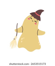 Fantasma bonito com uma vassoura. Clipart. Feliz Dia das Bruxas. vetor Н e desenhado
