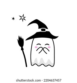 fantasma lindo con escoba y sombrero de bruja para halloween