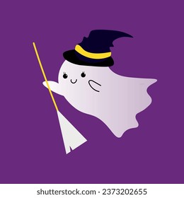 Cute ghost with broom and witch's hat on purple background