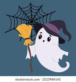 Cute ghost with a broom with a witch's hat on a coloured background. The ghost is busy cleaning. Spider web. Halloween character. 