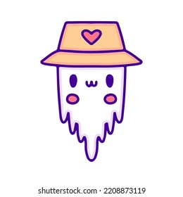 Cute ghost with bucket hat doodle art, illustration for t-shirt, sticker, or apparel merchandise. With modern pop style.