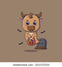 Cute ghost buffalo holding pumpkin basket full of candies