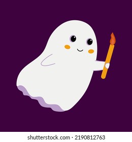 Cute ghost with a burning candle in his hand. Cartoon fairy tale character. Happy Halloween