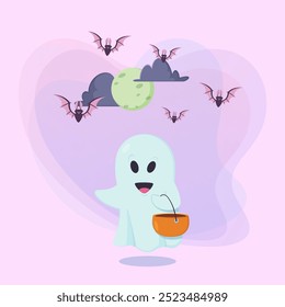 Cute ghost with caldron, moon, clouds and flying bats on abstract background. Halloween banner design. Celebration, holiday, party concept. Vector illustration for invitation or poster