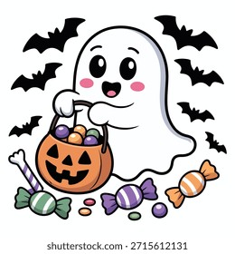 Cute ghost with candy and bats halloween trick or treat