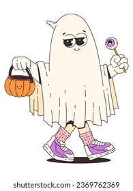 A cute ghost carrying a basket shaped like a pumpkin. Groovy retro halloween character.