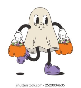 Ein süßer Geist, der einen Korb trägt, der wie ein Kürbis mit Süßigkeiten geformt ist. Halloween Retro-Charakter. Groovy Cartoon, Vektorgrafik. Isoliertes Design-Element.