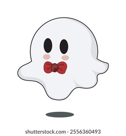 A cute ghost cartoon character with a red bow tie. 