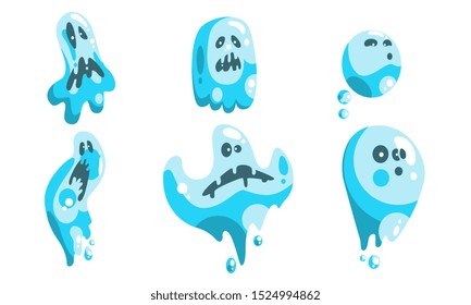 Cute Ghost Cartoon Character Set, Funny Halloween Scary Ghostly Monster with Various Emotions Vector Illustration