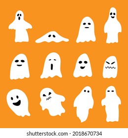 cute ghost cartoon character set with different cute shape flat style for Halloween and funny decorative website banner or poster card design. vector illustration