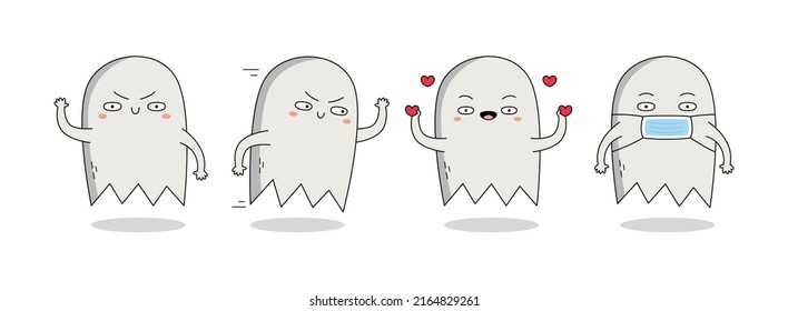 Cute ghost cartoon character set 1 of waving hand, flying, spreading love and wearing a mask