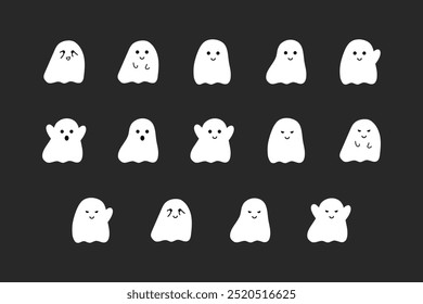 Netter Geist Zeichentricksatz. Feiertage, Halloween, Horror Konzepte. Flaches dekoratives Vektordesign, einzelne Illustration.