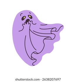 A cute ghost cartoon character with a surprised expression. A scared purple ghost, vector illustration.