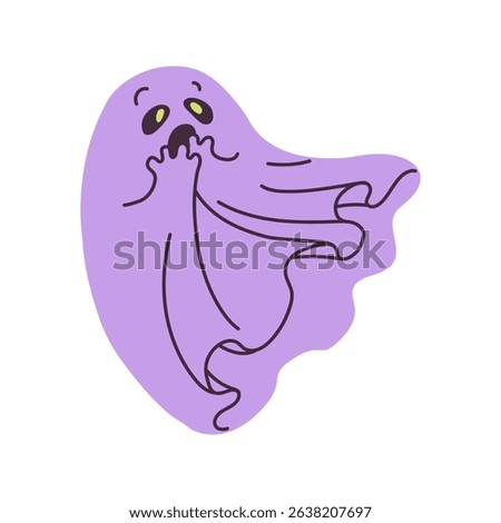 A cute ghost cartoon character with a surprised expression. A scared purple ghost, vector illustration.
