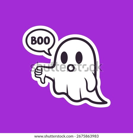 Cute ghost cartoon character with thumbs down dislike sign and 