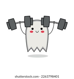 Cute ghost cartoon character weight lifting