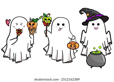 Cute ghost cartoon in happy Halloween illustration set.