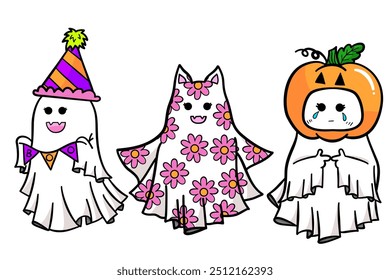 Cute ghost cartoon in happy Halloween illustration set.