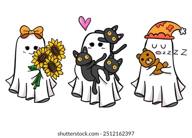 Cute ghost cartoon in happy Halloween illustration set.