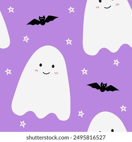 cute ghost cartoon with little bat seamless pattern background wallpaper surface design halloween purple color 