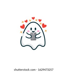 cute ghost cartoon love mobile phone vector illustration