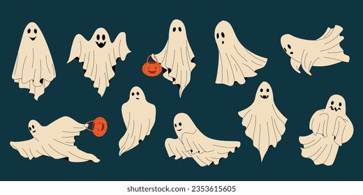 Cute ghost. Cartoon scary fantasy characters with spooky expressions, funny scary monster trick or treat elements. Vector Halloween set. Mysterious spirit with frightening face for holiday