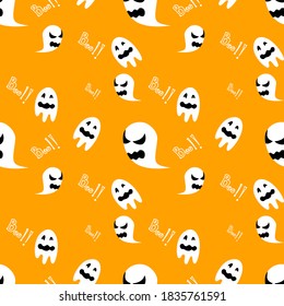 Cute ghost cartoon seamless pattern background, orange halloween background, vector illustration.